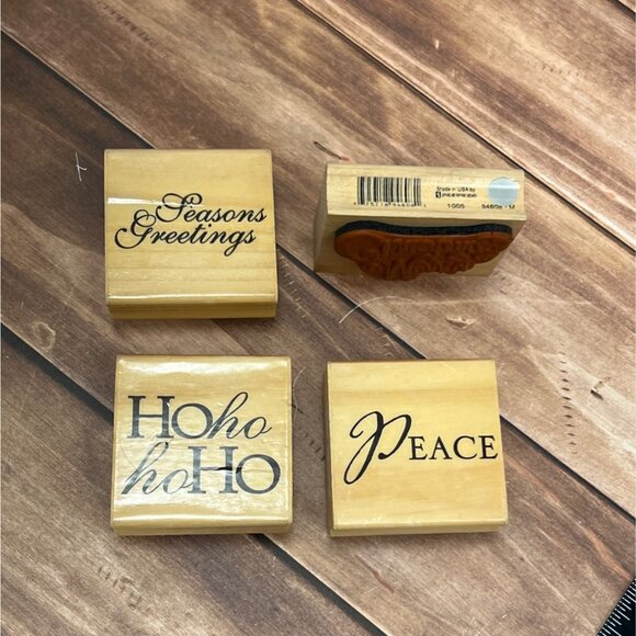 LOT OF 4 MOSTLY UNBRANDED HOLIDAY THEMED WOOD MOUNTED RUBBER STAMPS PEACE HO HO - Picture 2 of 3